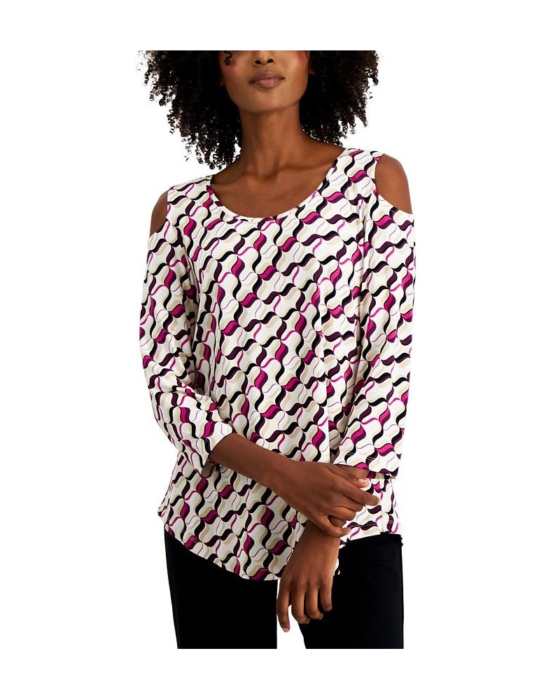 Petite Wave Laces Cold-Shoulder 3/4-Sleeve Top Wildflower Pink Combo $9.20 Tops