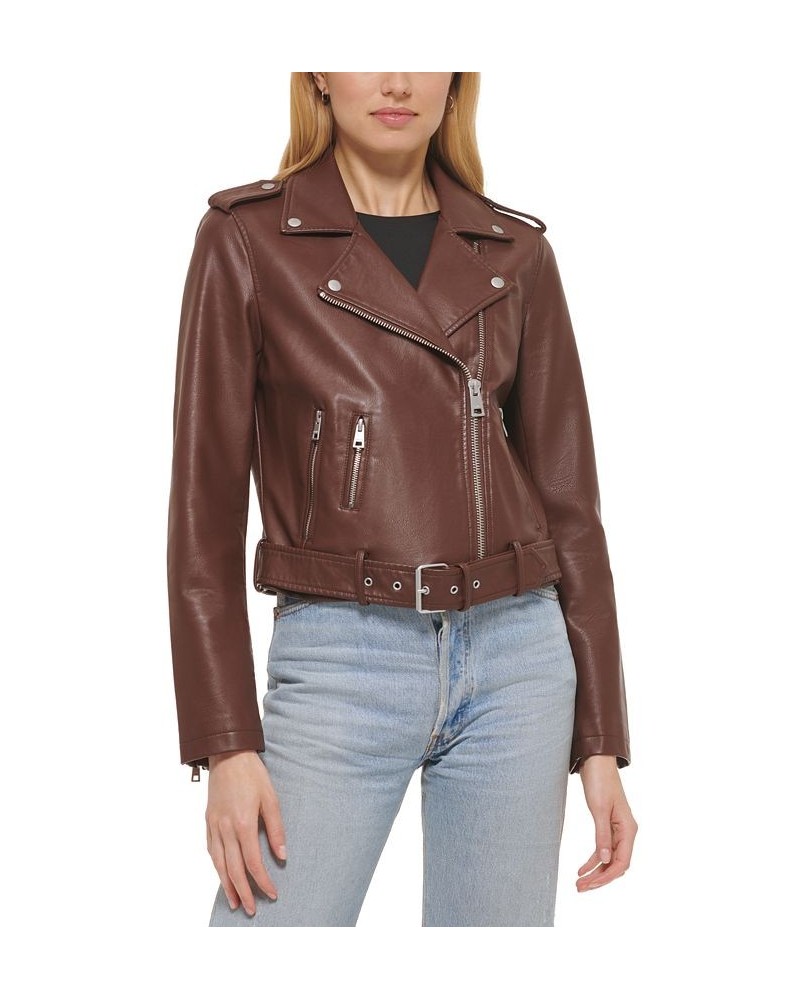 Women's Faux-Leather Moto Jacket Chocolate Brown $40.18 Jackets