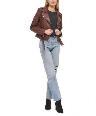 Women's Faux-Leather Moto Jacket Chocolate Brown $40.18 Jackets