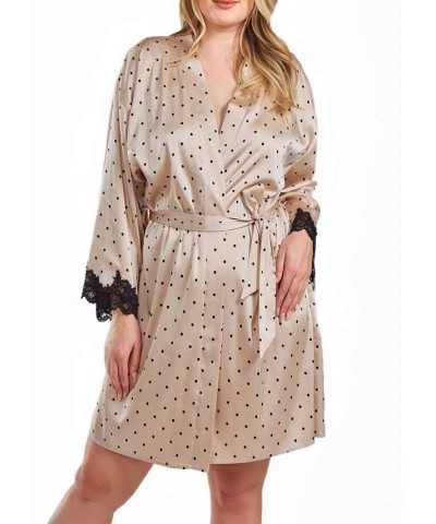 Kareen Plus Size Dotted Satin Robe with Lace Trimmed Sleeves and Self Tie Sash Beige $57.75 Sleepwear