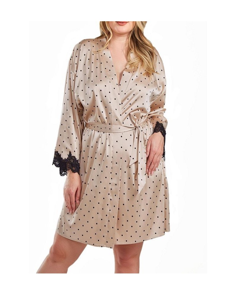 Kareen Plus Size Dotted Satin Robe with Lace Trimmed Sleeves and Self Tie Sash Beige $57.75 Sleepwear