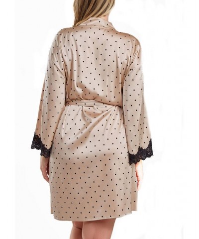 Kareen Plus Size Dotted Satin Robe with Lace Trimmed Sleeves and Self Tie Sash Beige $57.75 Sleepwear