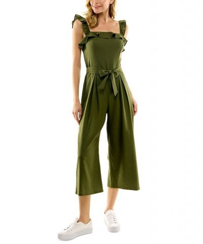 Juniors' Ruffle-Strap Belted Jumpsuit Green $28.42 Pants