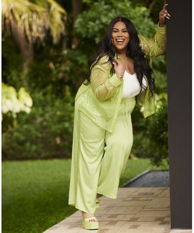 Trendy Plus Size Sequin-Stripe Wide-Leg Pants Green $44.69 Pants