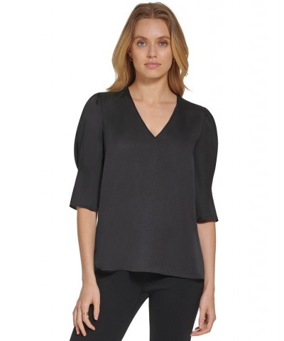 Women's V-Neck Elbow-Length-Sleeve Satin Top Black $28.90 Tops