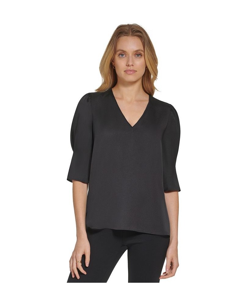 Women's V-Neck Elbow-Length-Sleeve Satin Top Black $28.90 Tops