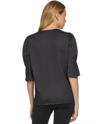 Women's V-Neck Elbow-Length-Sleeve Satin Top Black $28.90 Tops