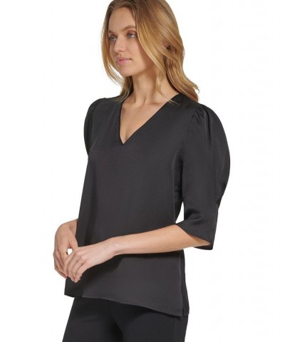 Women's V-Neck Elbow-Length-Sleeve Satin Top Black $28.90 Tops