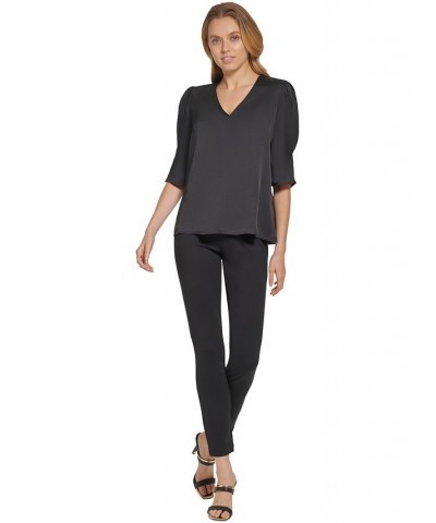 Women's V-Neck Elbow-Length-Sleeve Satin Top Black $28.90 Tops