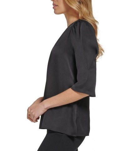 Women's V-Neck Elbow-Length-Sleeve Satin Top Black $28.90 Tops