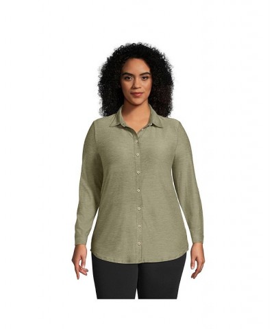 Women's Plus Size Long Sleeve Soft Performance Roll Tab Tunic Green $34.28 Tops