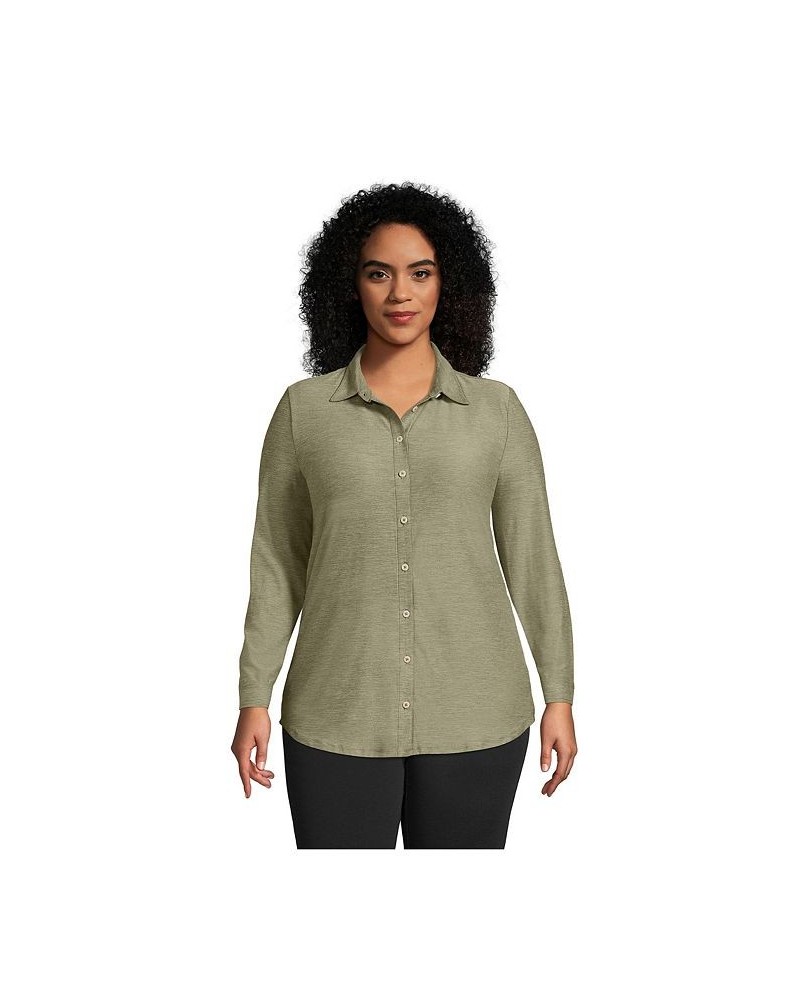 Women's Plus Size Long Sleeve Soft Performance Roll Tab Tunic Green $34.28 Tops