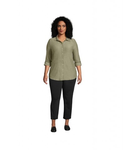 Women's Plus Size Long Sleeve Soft Performance Roll Tab Tunic Green $34.28 Tops