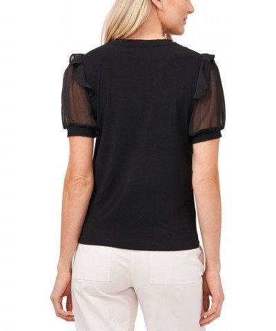 Sheer Sleeve Ruffled Shoulder Top Black $29.67 Tops