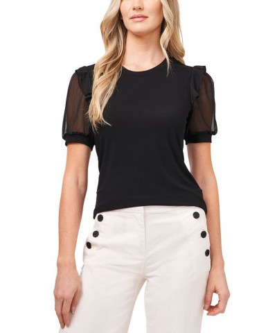 Sheer Sleeve Ruffled Shoulder Top Black $29.67 Tops