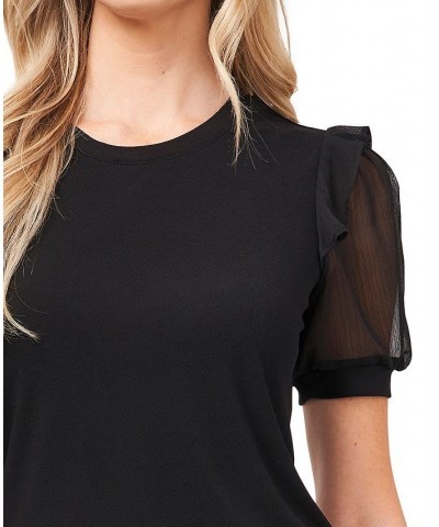 Sheer Sleeve Ruffled Shoulder Top Black $29.67 Tops