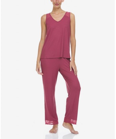 Women's Frances Rib Tank 2 Piece Pajama Set Red $19.32 Sleepwear