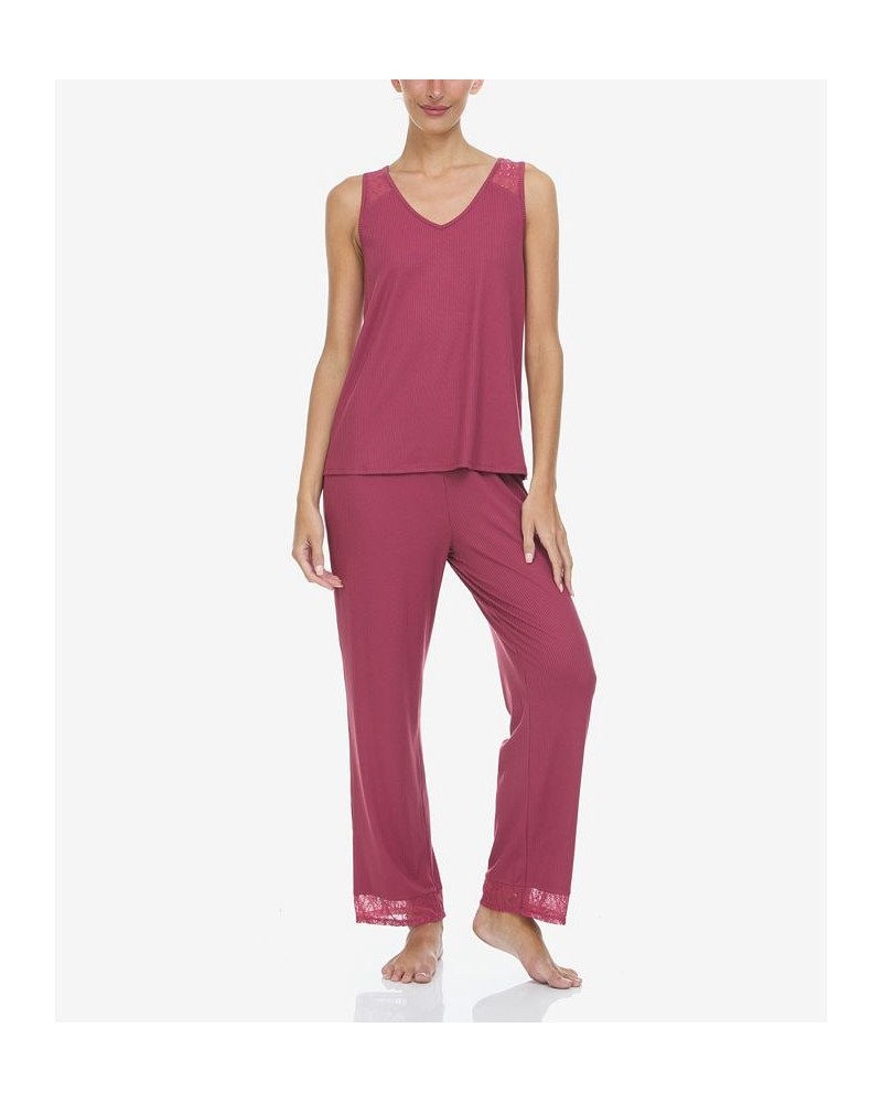 Women's Frances Rib Tank 2 Piece Pajama Set Red $19.32 Sleepwear