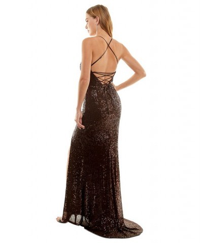 Juniors' Sequined Strappy Lace-Up-Back Gown ESPRESSO $43.99 Dresses