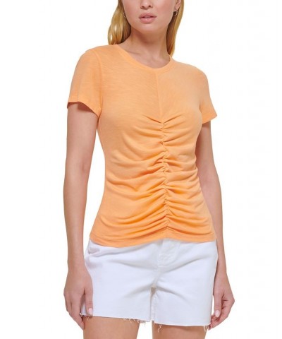 Women's Crewneck Short-Sleeve Ruched T-Shirt Orange $24.52 Tops
