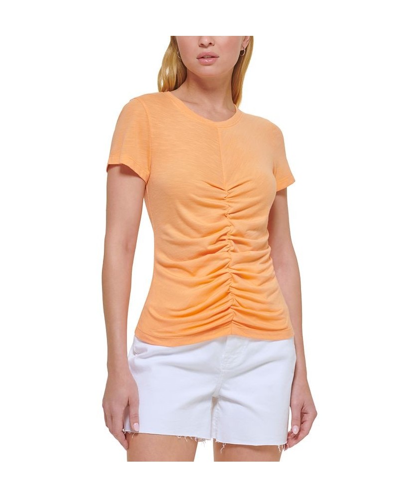 Women's Crewneck Short-Sleeve Ruched T-Shirt Orange $24.52 Tops