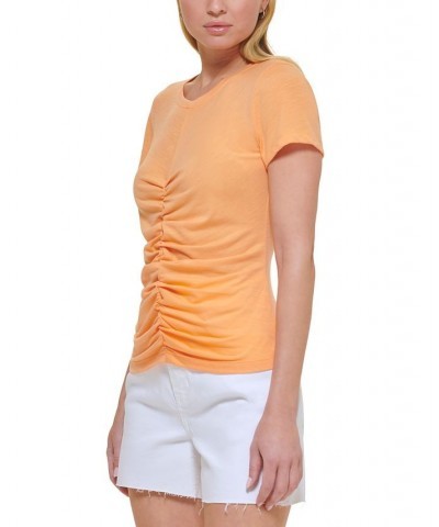 Women's Crewneck Short-Sleeve Ruched T-Shirt Orange $24.52 Tops