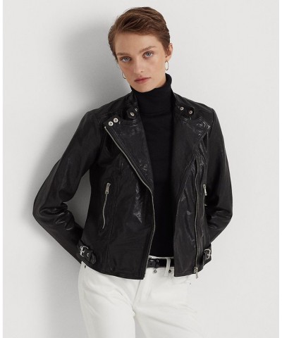 Women's Tumbled Leather Moto Jacket Polo Black $207.05 Jackets