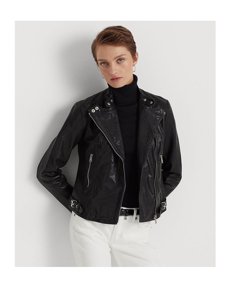 Women's Tumbled Leather Moto Jacket Polo Black $207.05 Jackets