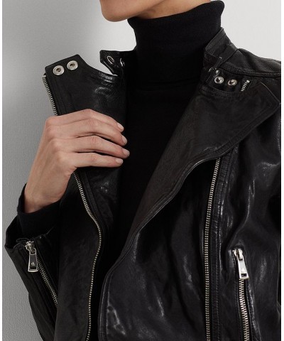 Women's Tumbled Leather Moto Jacket Polo Black $207.05 Jackets