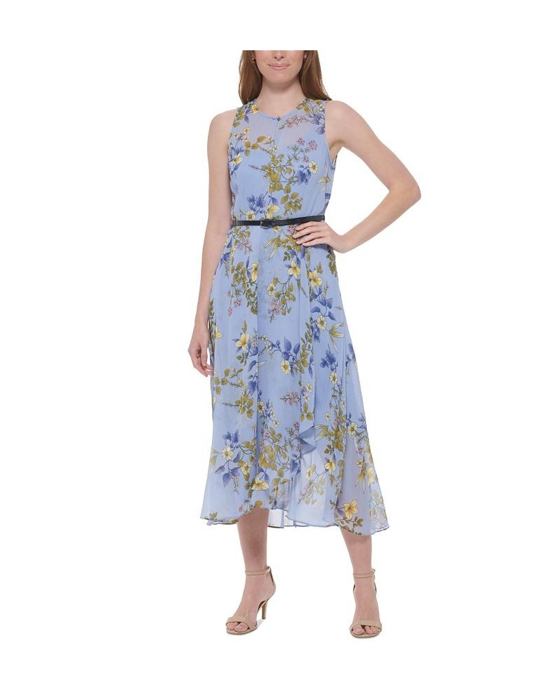 Women's Floral-Print Sleeveless Chiffon Dress Blue Heron Multi $58.11 Dresses