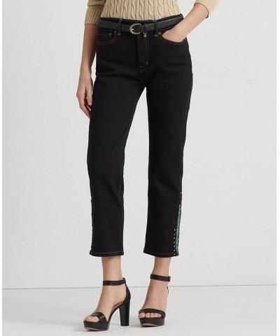Women's Beaded High-Rise Straight Cropped Jeans Black Rinse Wash $49.53 Jeans
