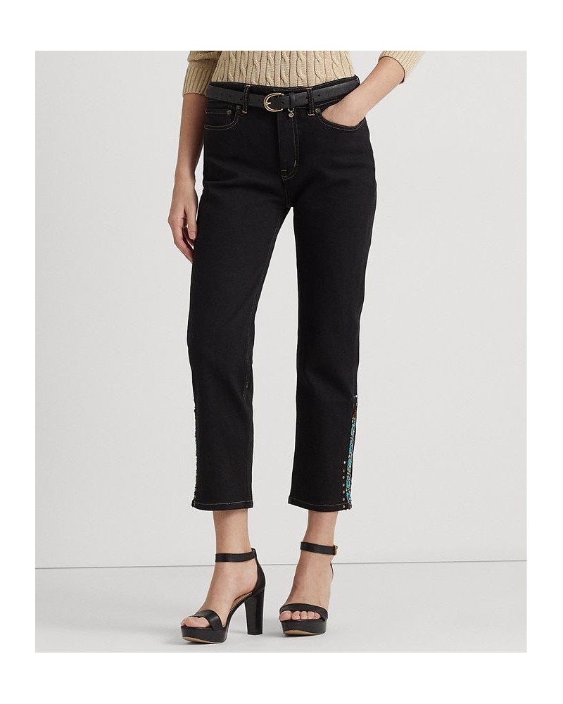 Women's Beaded High-Rise Straight Cropped Jeans Black Rinse Wash $49.53 Jeans