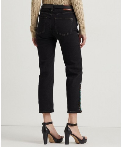 Women's Beaded High-Rise Straight Cropped Jeans Black Rinse Wash $49.53 Jeans