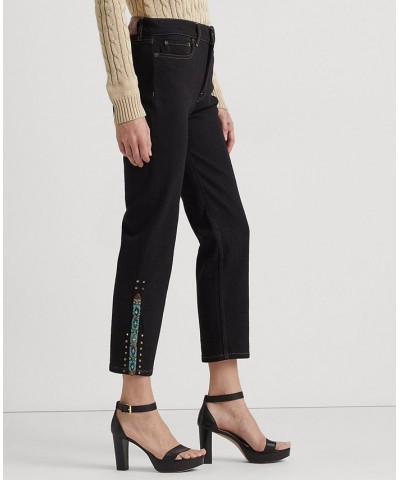 Women's Beaded High-Rise Straight Cropped Jeans Black Rinse Wash $49.53 Jeans