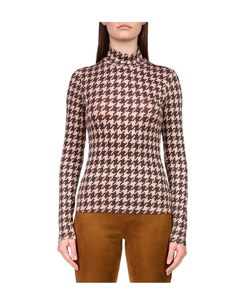 Women's Slinky Mock Neck Long Sleeve T-Shirt Java Houndstooth $27.76 Tops