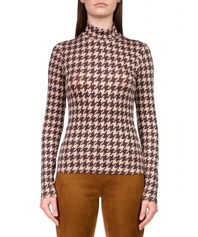 Women's Slinky Mock Neck Long Sleeve T-Shirt Java Houndstooth $27.76 Tops