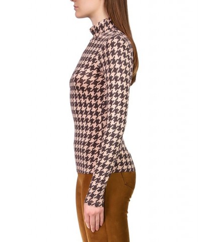 Women's Slinky Mock Neck Long Sleeve T-Shirt Java Houndstooth $27.76 Tops