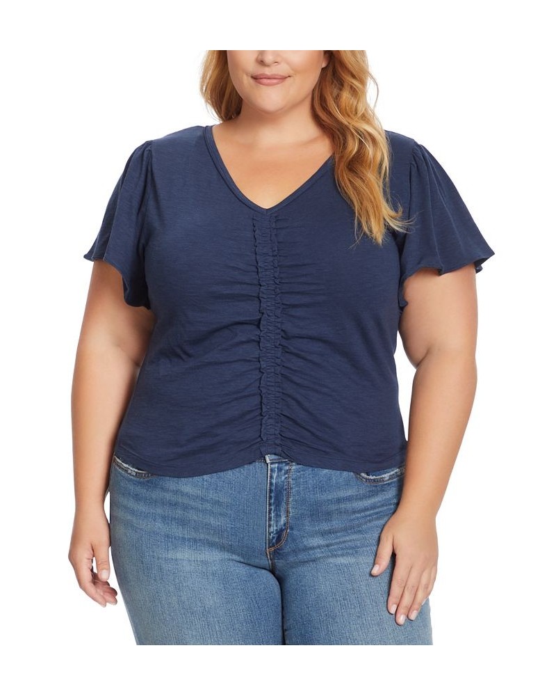 Trendy Plus Size Ophelia Ruched V-Neck Top Blue $20.59 Tops