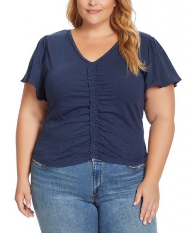 Trendy Plus Size Ophelia Ruched V-Neck Top Blue $20.59 Tops