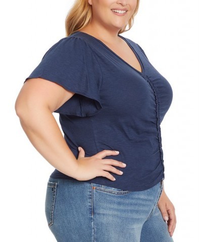 Trendy Plus Size Ophelia Ruched V-Neck Top Blue $20.59 Tops