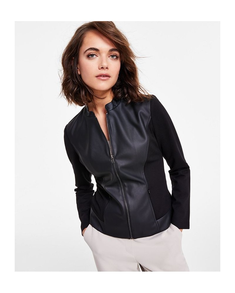 Faux Leather Trim Jacket Deep Black $34.06 Jackets