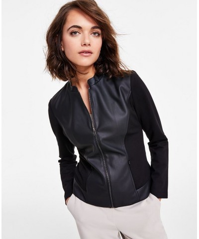 Faux Leather Trim Jacket Deep Black $34.06 Jackets