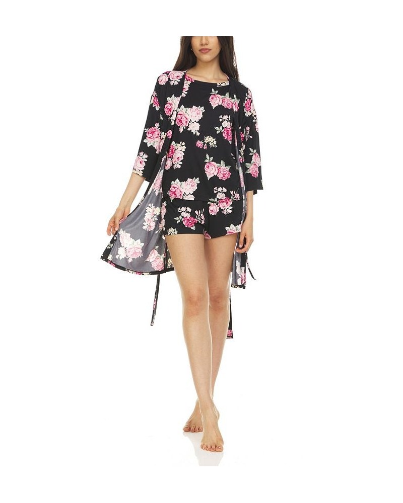 Women's Georgie Robe Top and Shorts Travel 3 Piece Set Black $22.95 Sleepwear