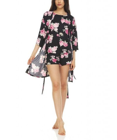 Women's Georgie Robe Top and Shorts Travel 3 Piece Set Black $22.95 Sleepwear