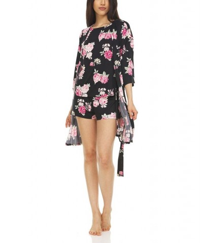 Women's Georgie Robe Top and Shorts Travel 3 Piece Set Black $22.95 Sleepwear