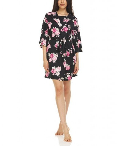 Women's Georgie Robe Top and Shorts Travel 3 Piece Set Black $22.95 Sleepwear