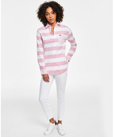 Women's Striped Contrast-Collar Shirt & High-Rise Skinny Ankle Jeans Bright White Combo $24.53 Jeans