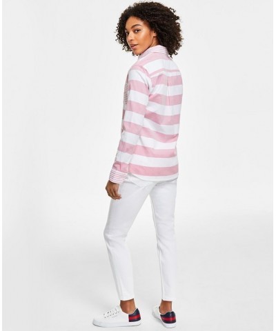 Women's Striped Contrast-Collar Shirt & High-Rise Skinny Ankle Jeans Bright White Combo $24.53 Jeans