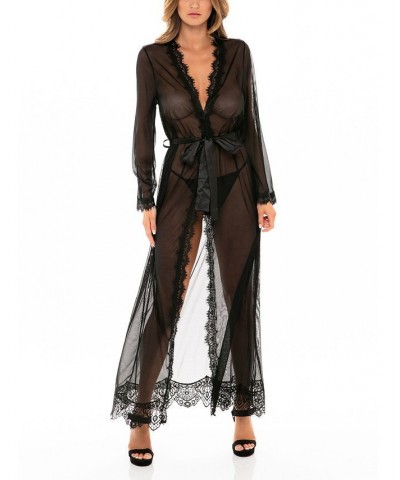 Women's Eyelash Lace Floor Length Lingerie Robe with Satin Sash Lingerie Black $21.42 Lingerie