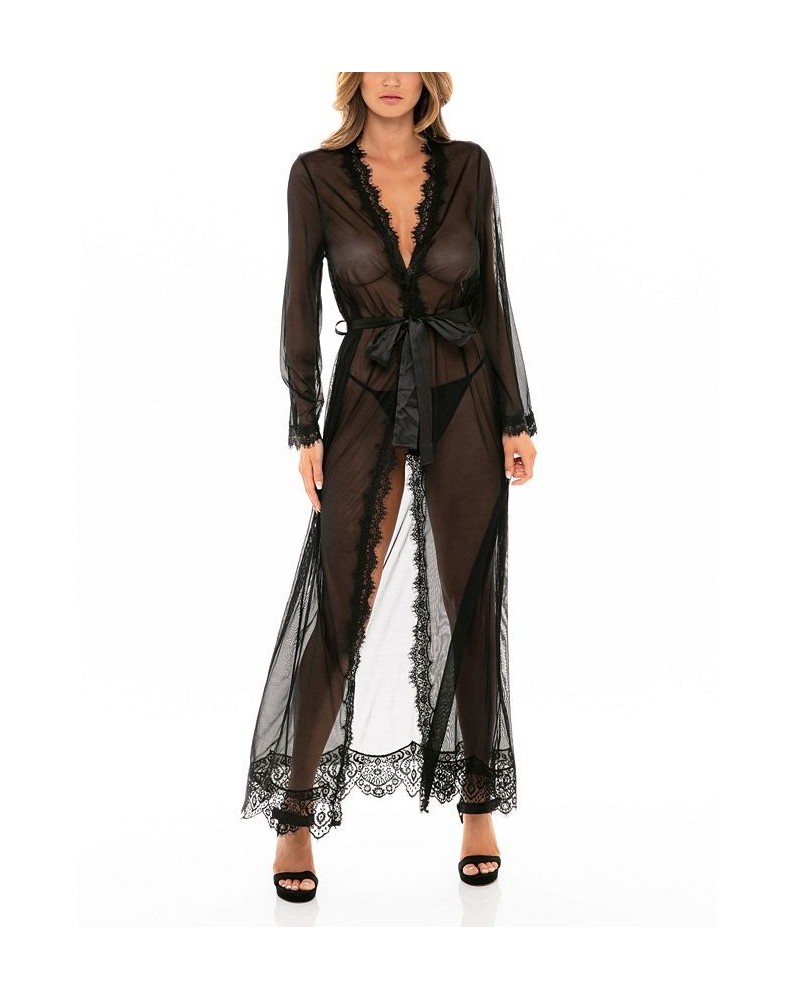 Women's Eyelash Lace Floor Length Lingerie Robe with Satin Sash Lingerie Black $21.42 Lingerie